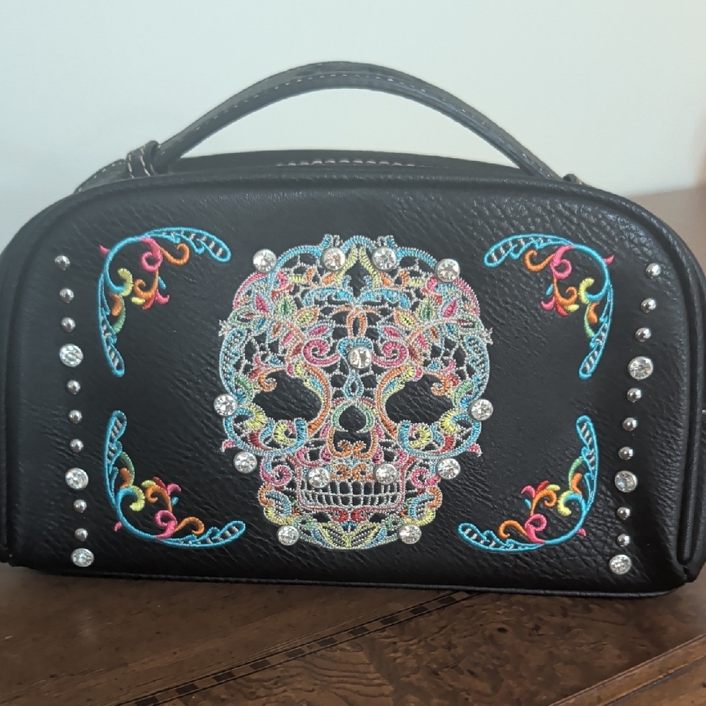 Montana West Black Cosmetic Bag with Colorful Embroidery